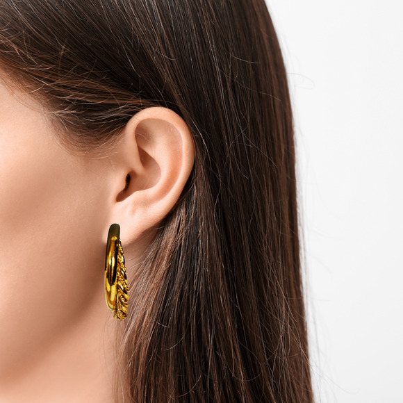 Gold Tone Hoops Double Multi Twist Pierced 1 1/2" Vintage Retro Minimalist - Picture 1 of 9